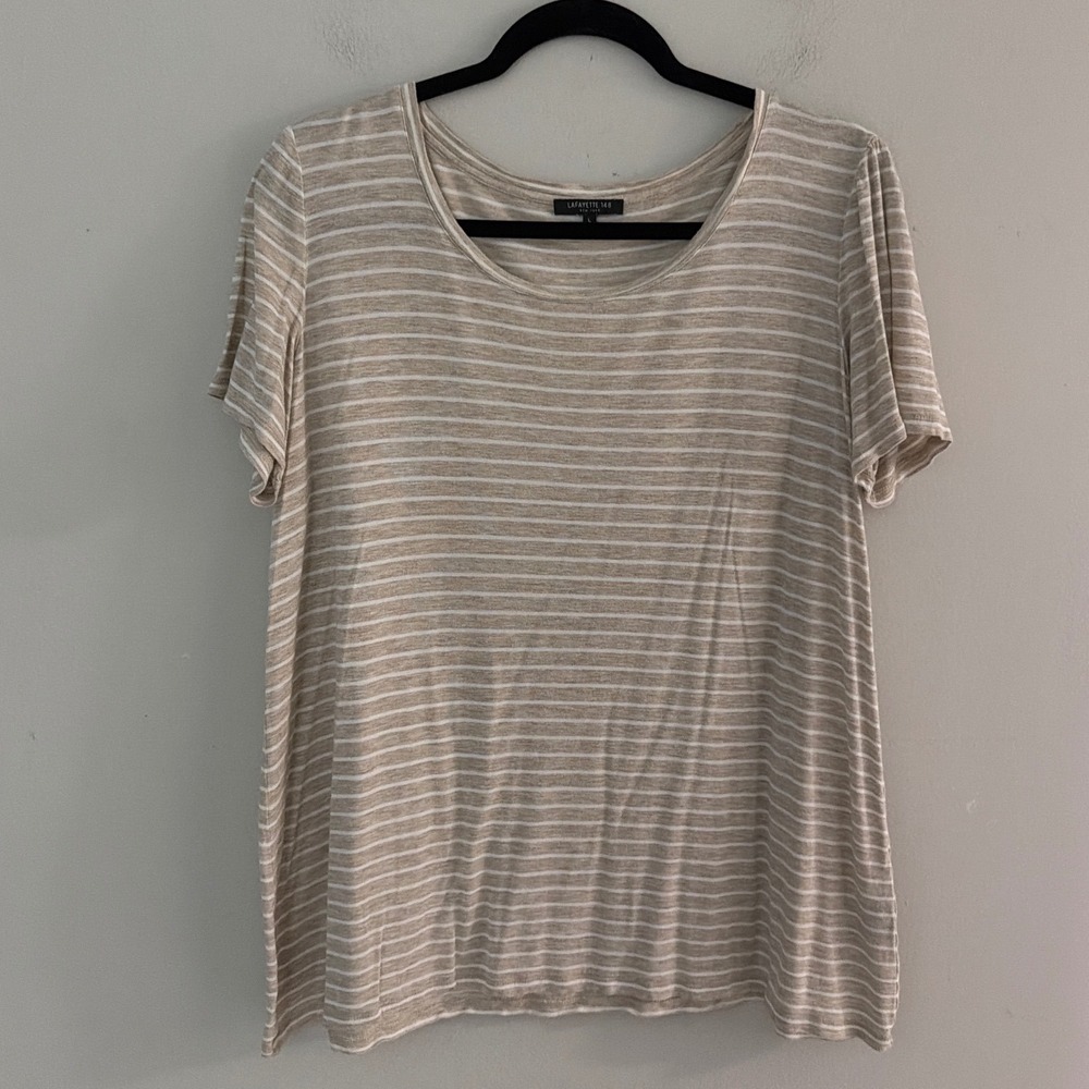 Lafayette 148 New York Womens Large Beige White Striped Rayon Scoop Neck Top